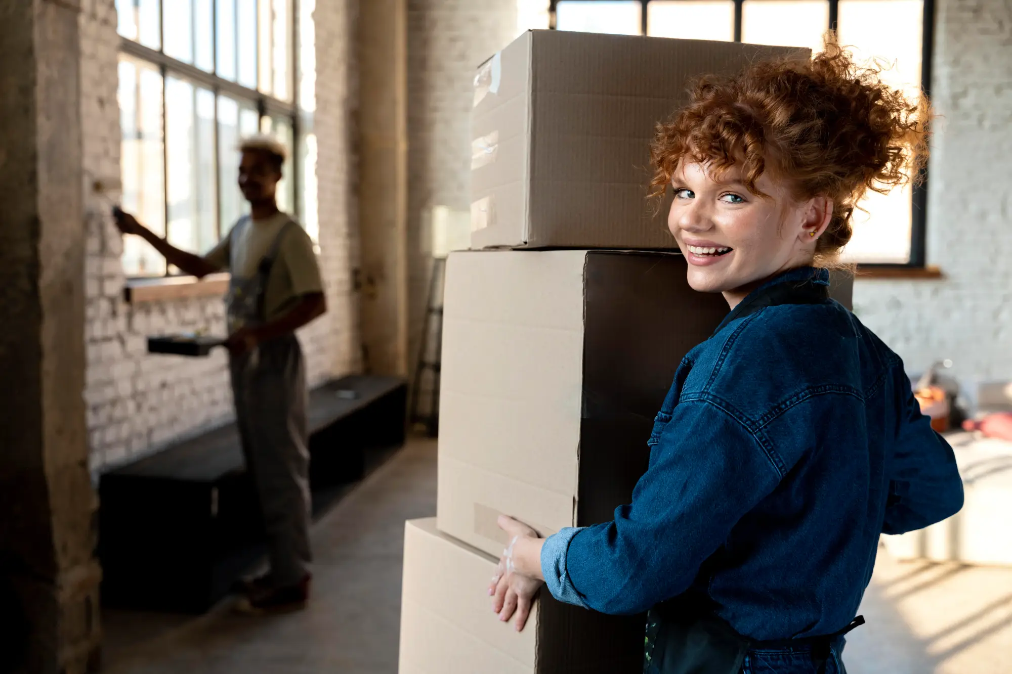 Smiling woman with curly red hair wearing a denim shirt carries stacked cardboard boxes