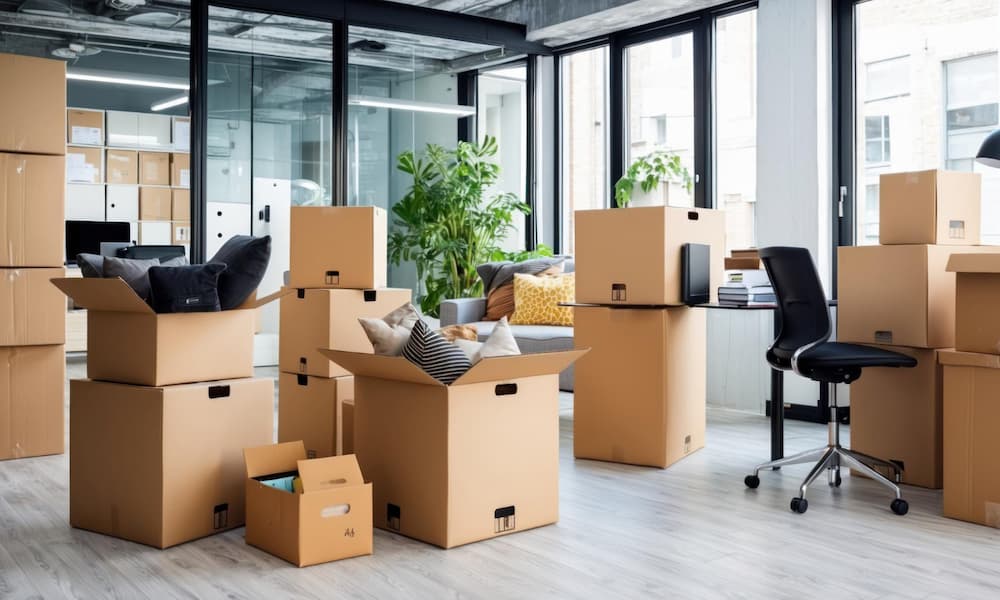 Commercial moving boxes in a modern office space.